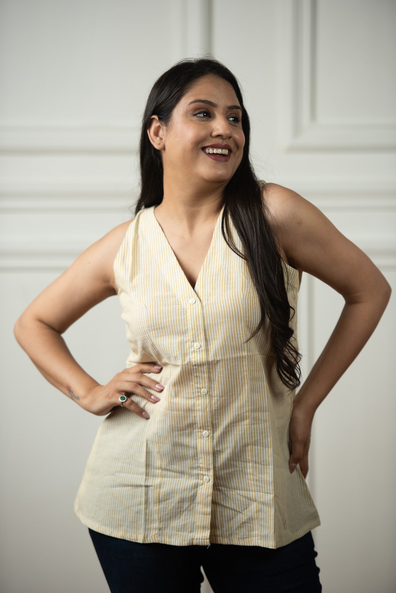 Light Yellow Cotton Lining Haulter Short kurti