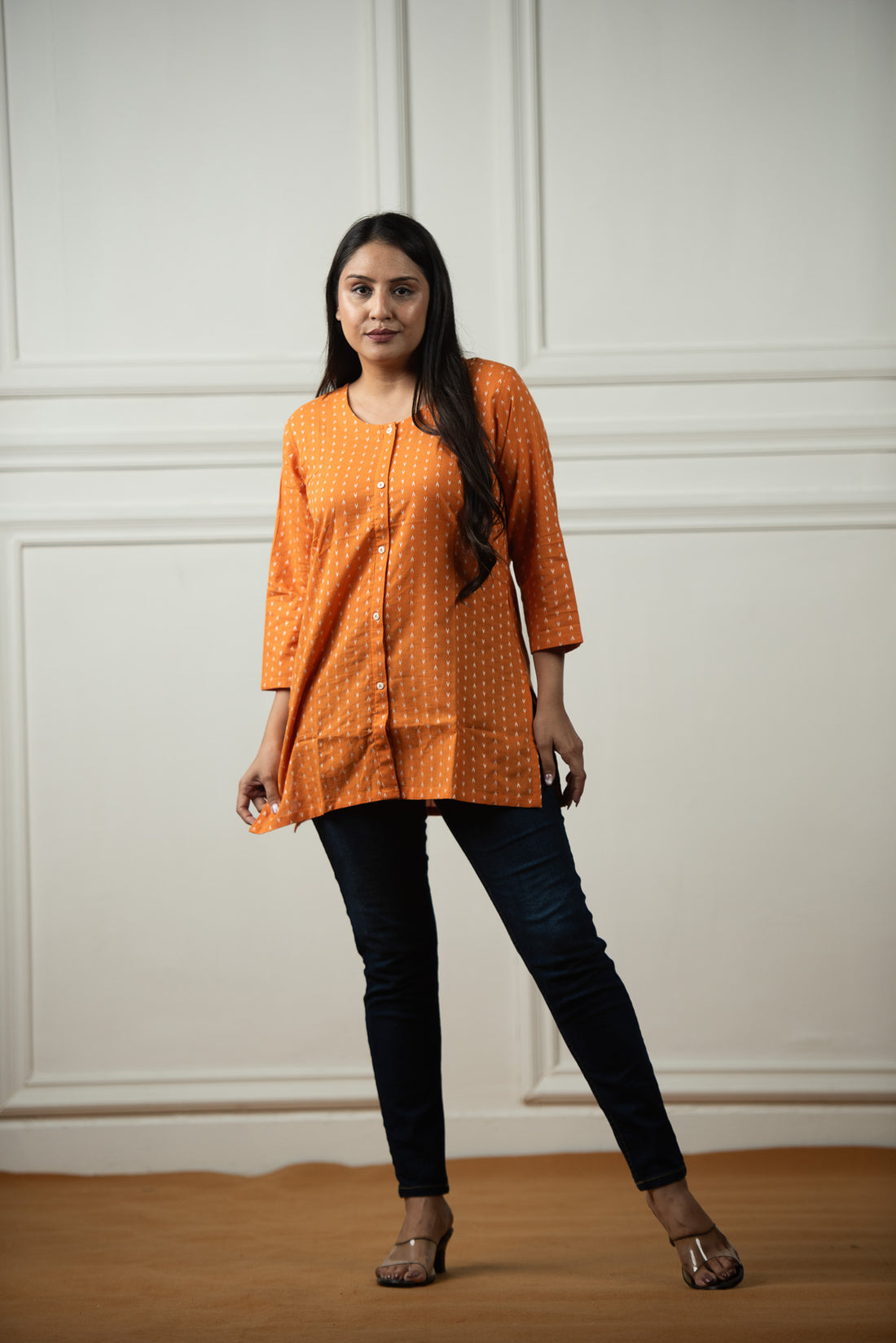 Royal Orange Cotton Dobby Open Front Short kurti