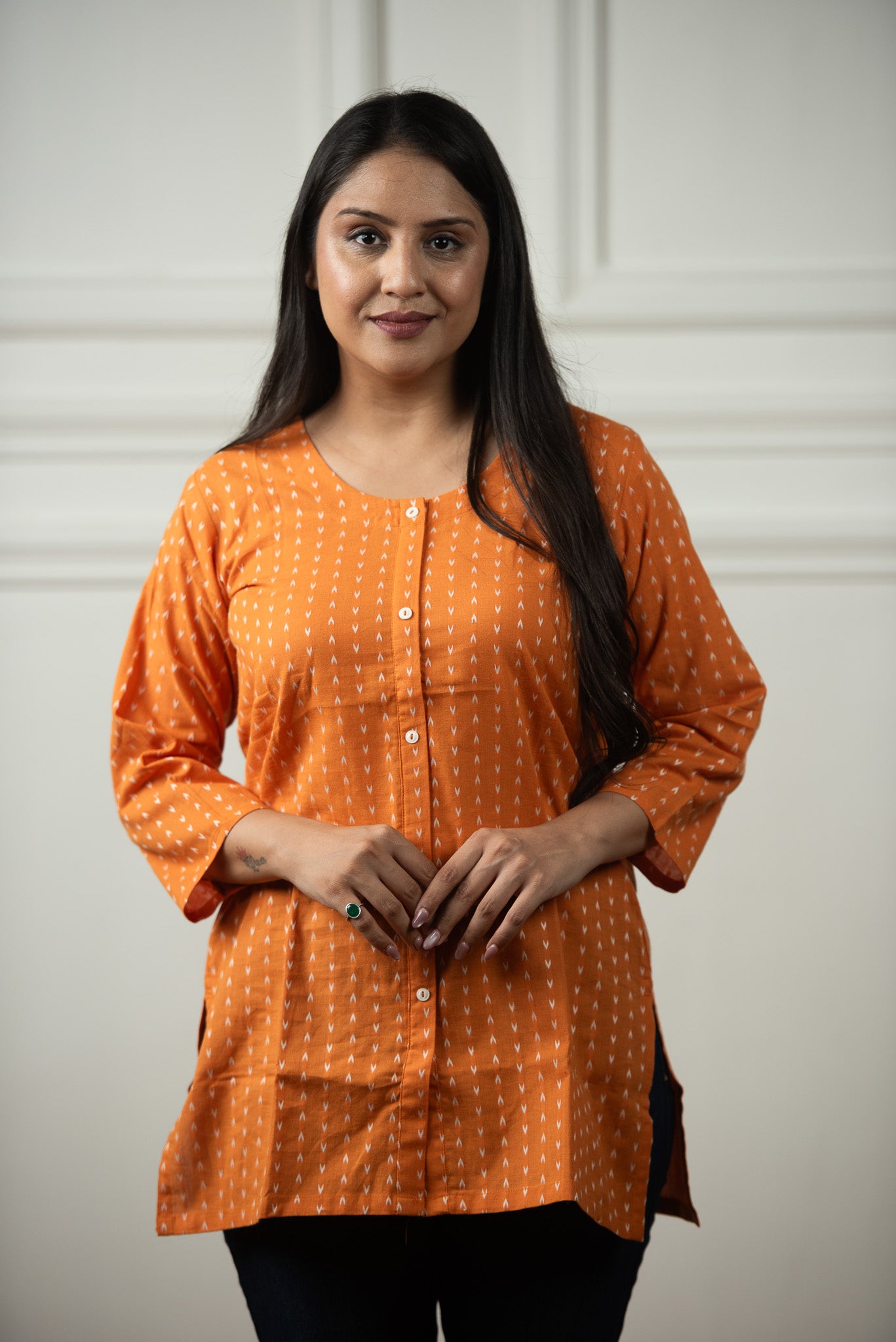 Royal Orange Cotton Dobby Open Front Short kurti