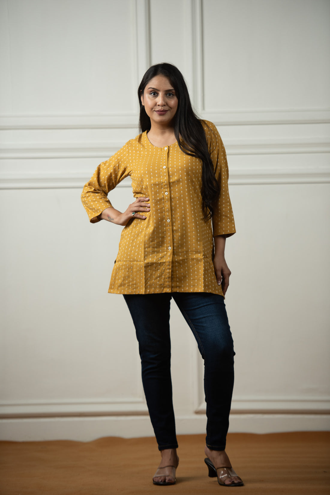 Musturd Yellow Cotton Dobby Open Front Short kurti