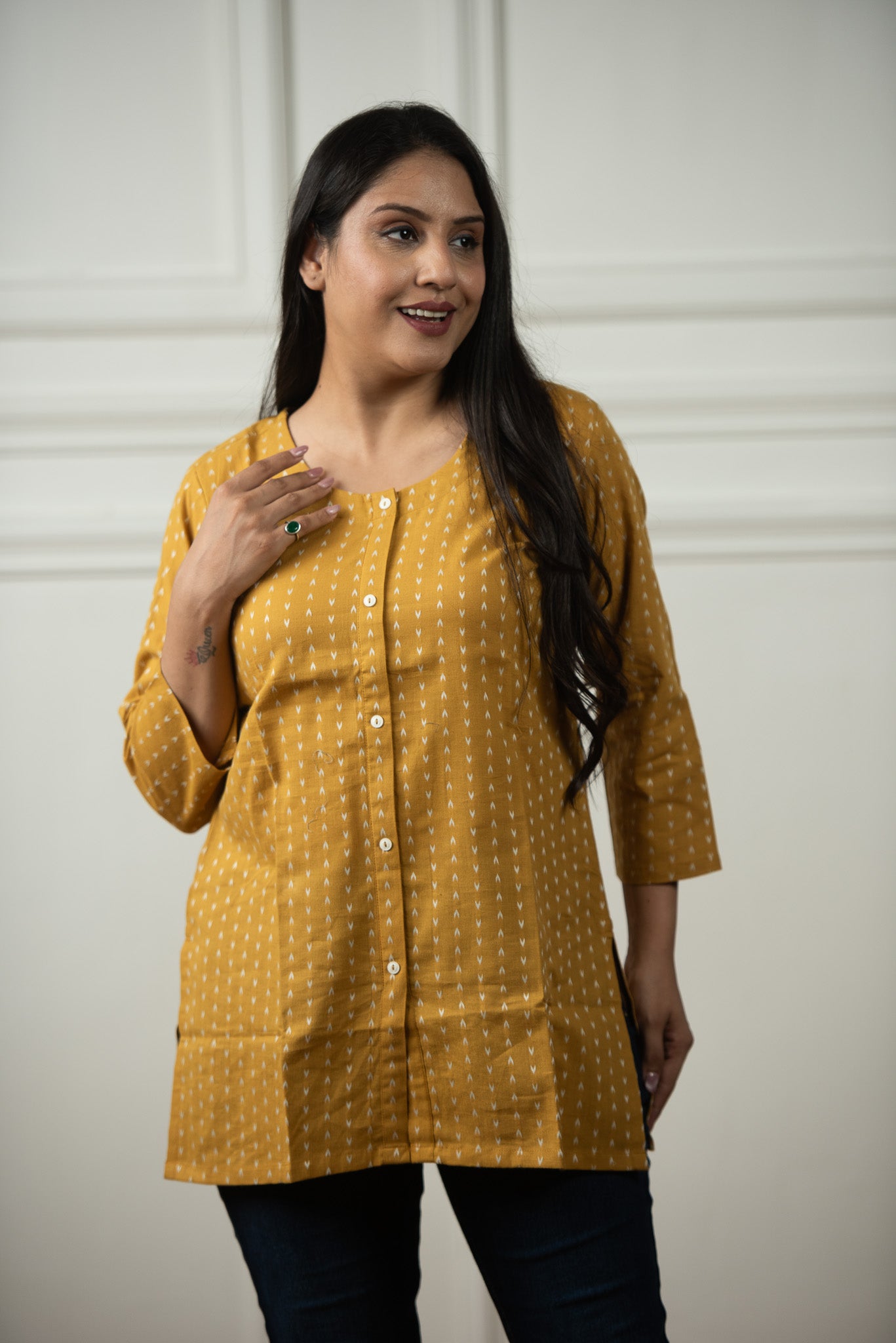 Musturd Yellow Cotton Dobby Overlap Haulter Short kurti