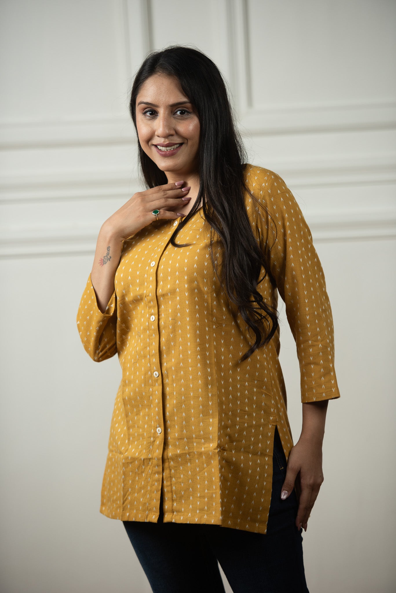 Musturd Yellow Cotton Dobby Open Front Short kurti