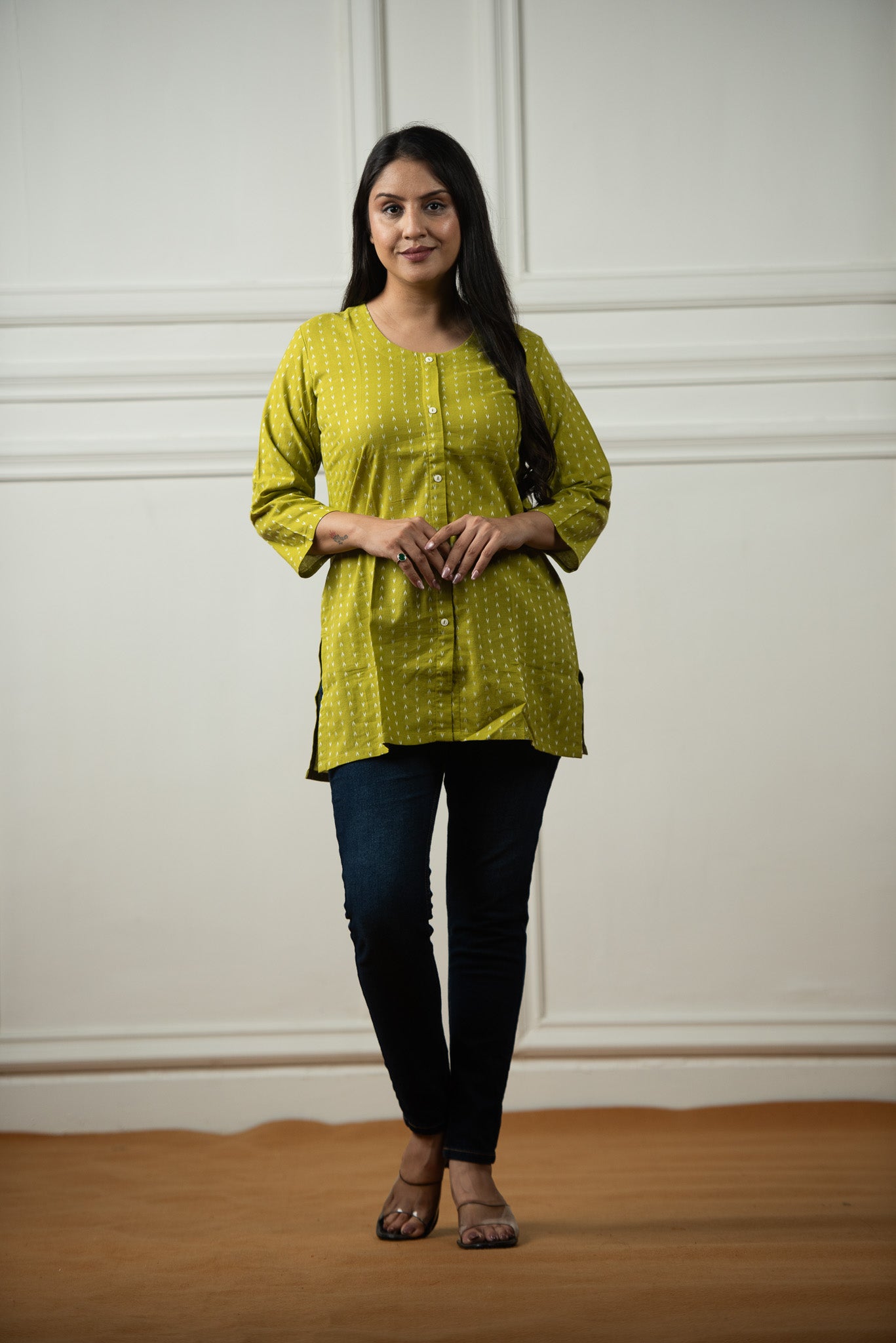 Parrot Green Cotton Dobby Open Front Short kurti