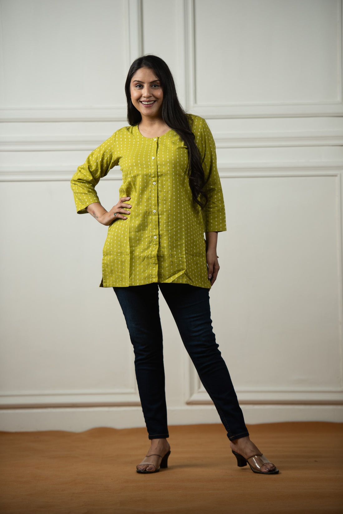 Parrot Green Cotton Dobby Open Front Short kurti
