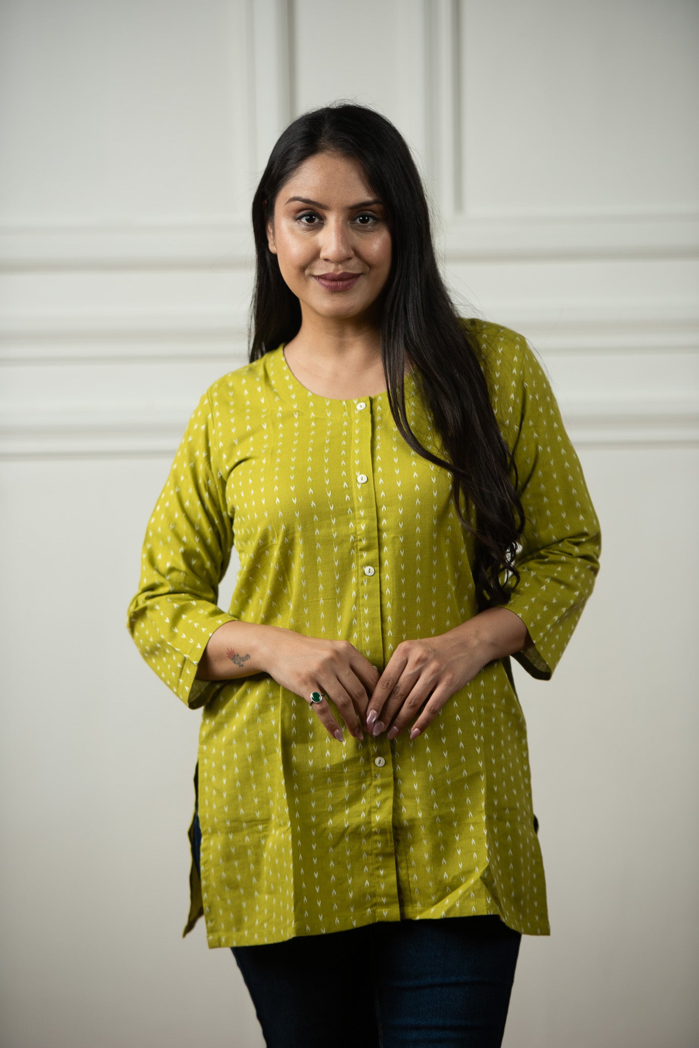 Parrot Green Cotton Dobby Open Front Short kurti
