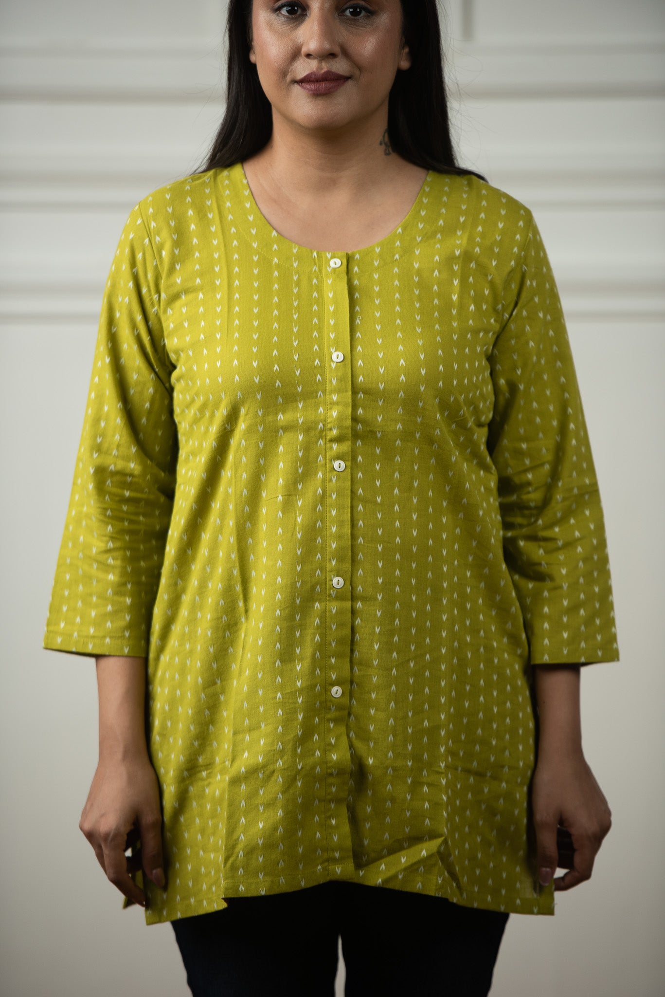 Parrot Green Cotton Dobby Open Front Short kurti