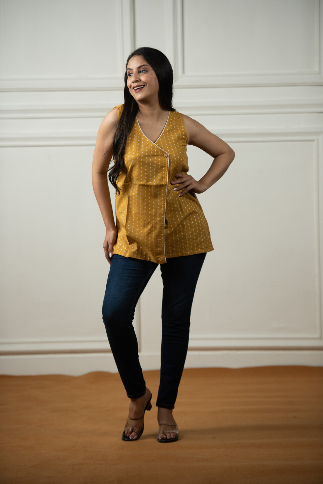 Musturd Yellow Cotton Dobby Overlap Haulter Short kurti