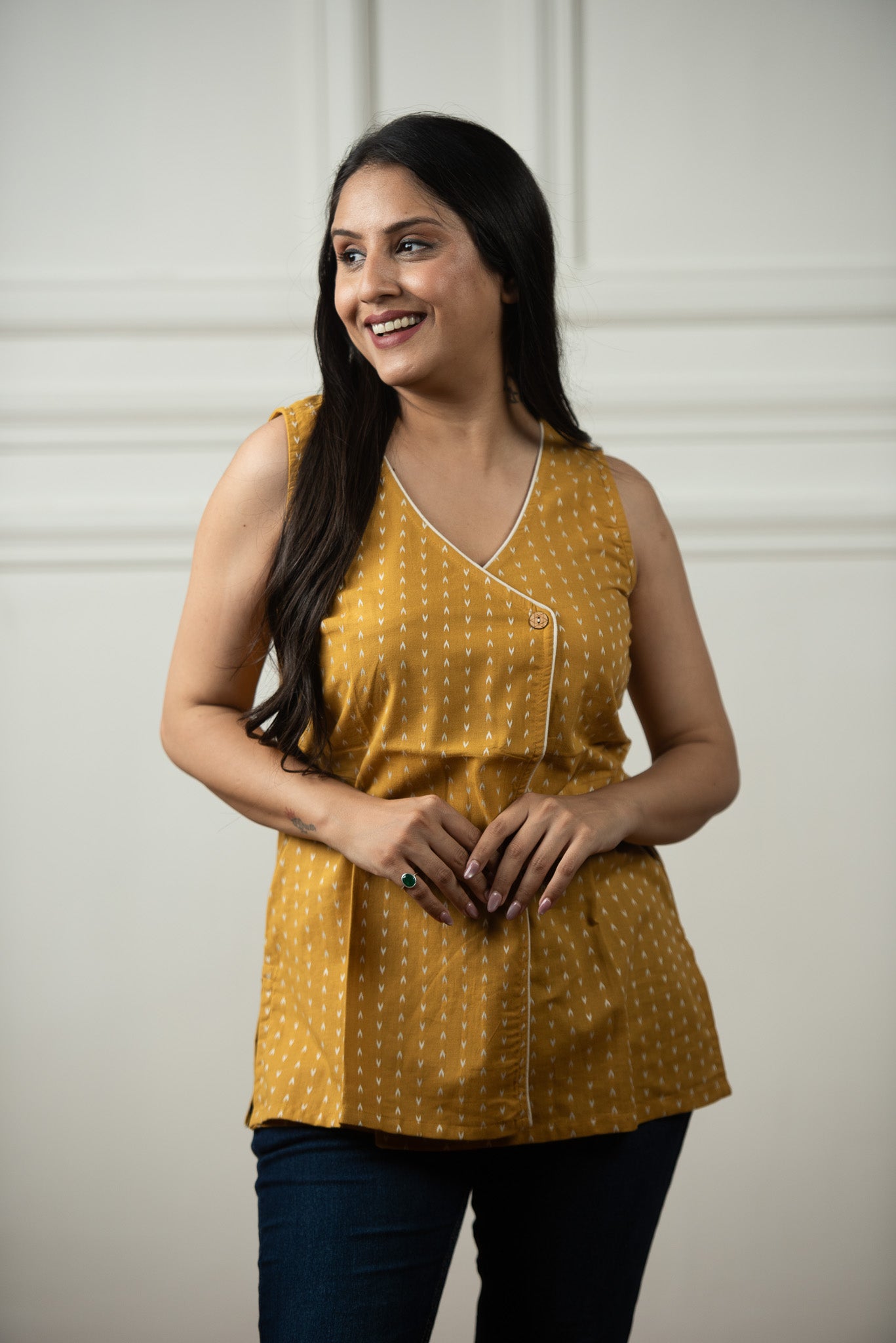 Musturd Yellow Cotton Dobby Overlap Haulter Short kurti