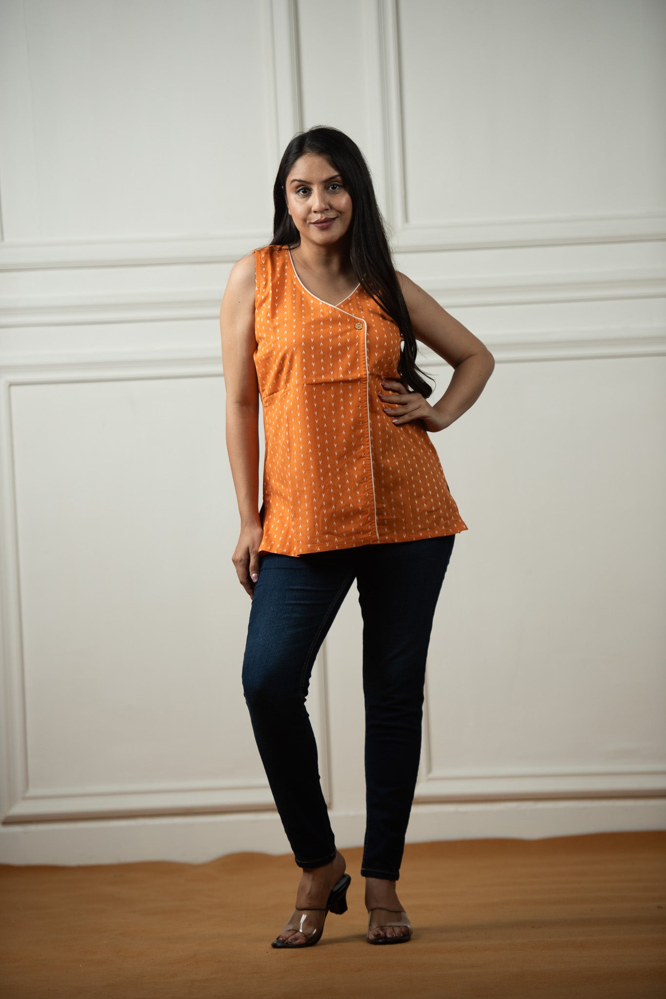 Royal Orange Cotton Dobby Overlap Haulter Short kurti