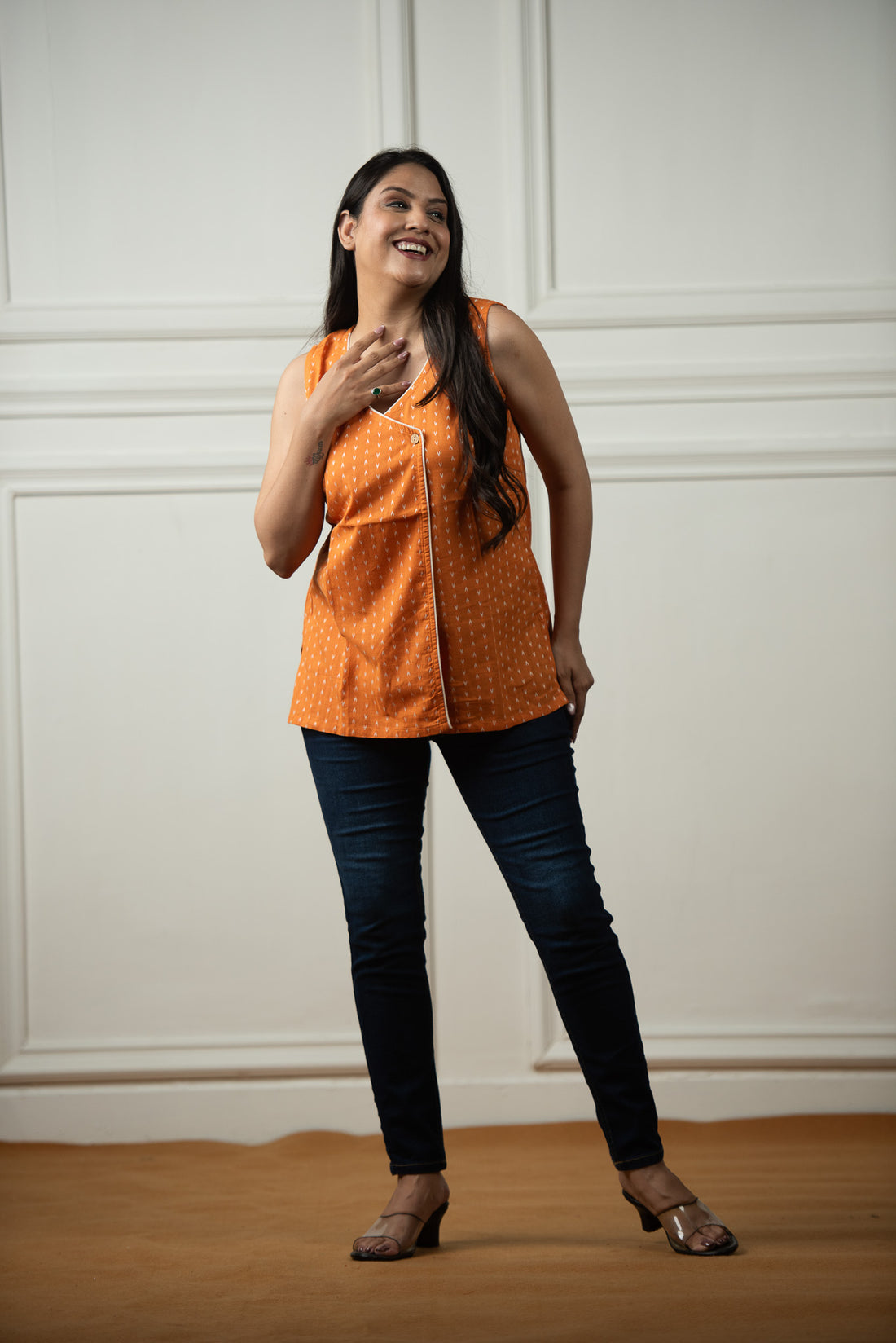 Royal Orange Cotton Dobby Overlap Haulter Short kurti