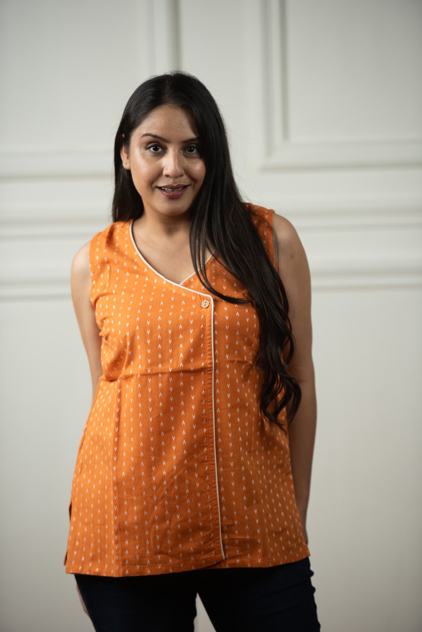 Royal Orange Cotton Dobby Overlap Haulter Short kurti