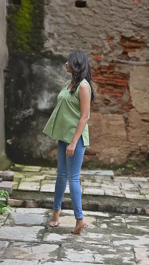 Pista Green Cotton Dobby Sleeveless Overlap Short kurti