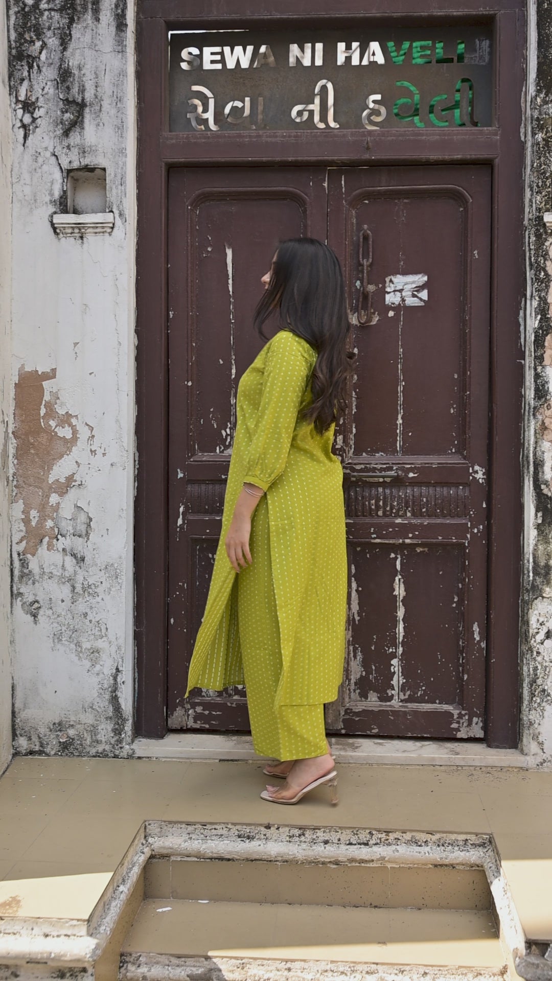 Parrot Green Cotton Dobby Front Box-pleat Kurti And Palazzo