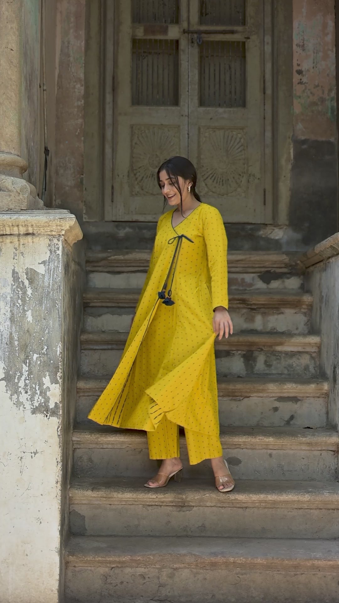 Bright Yellow Cotton Dobby A-line Angarkha style kurti And Palazzo set
