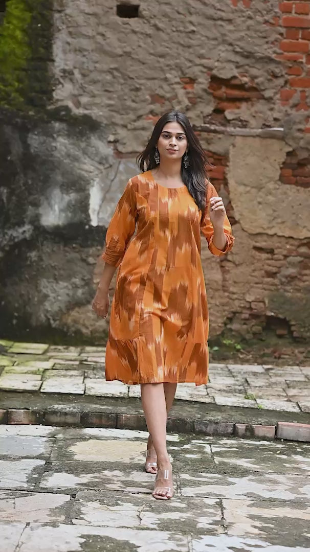 Orange Brown Handloom Ikkat Comfortable A-line dress