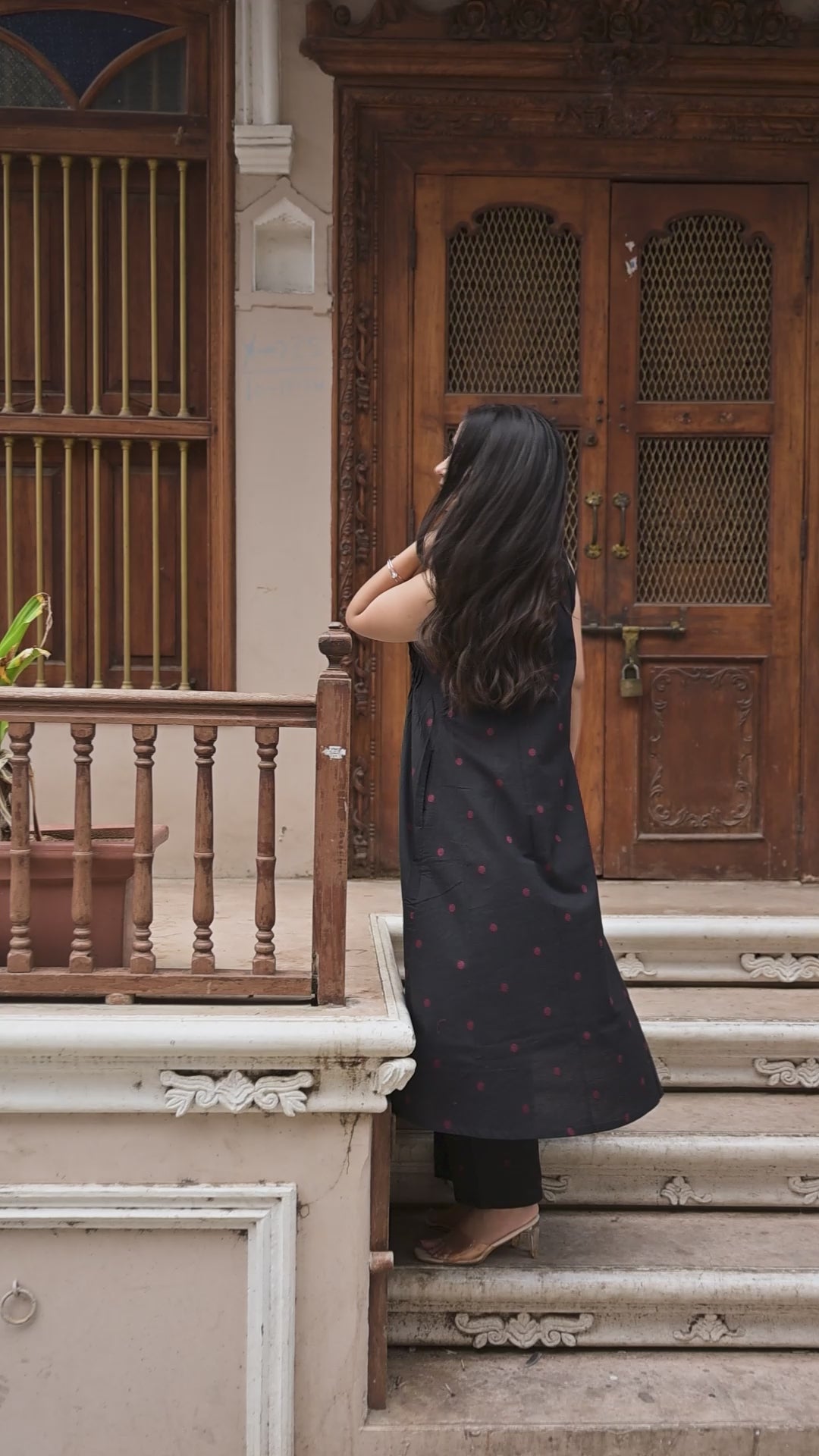 Black-red Cotton Dobby Haulter Front Plitted A-line Kurti and Palazzo set