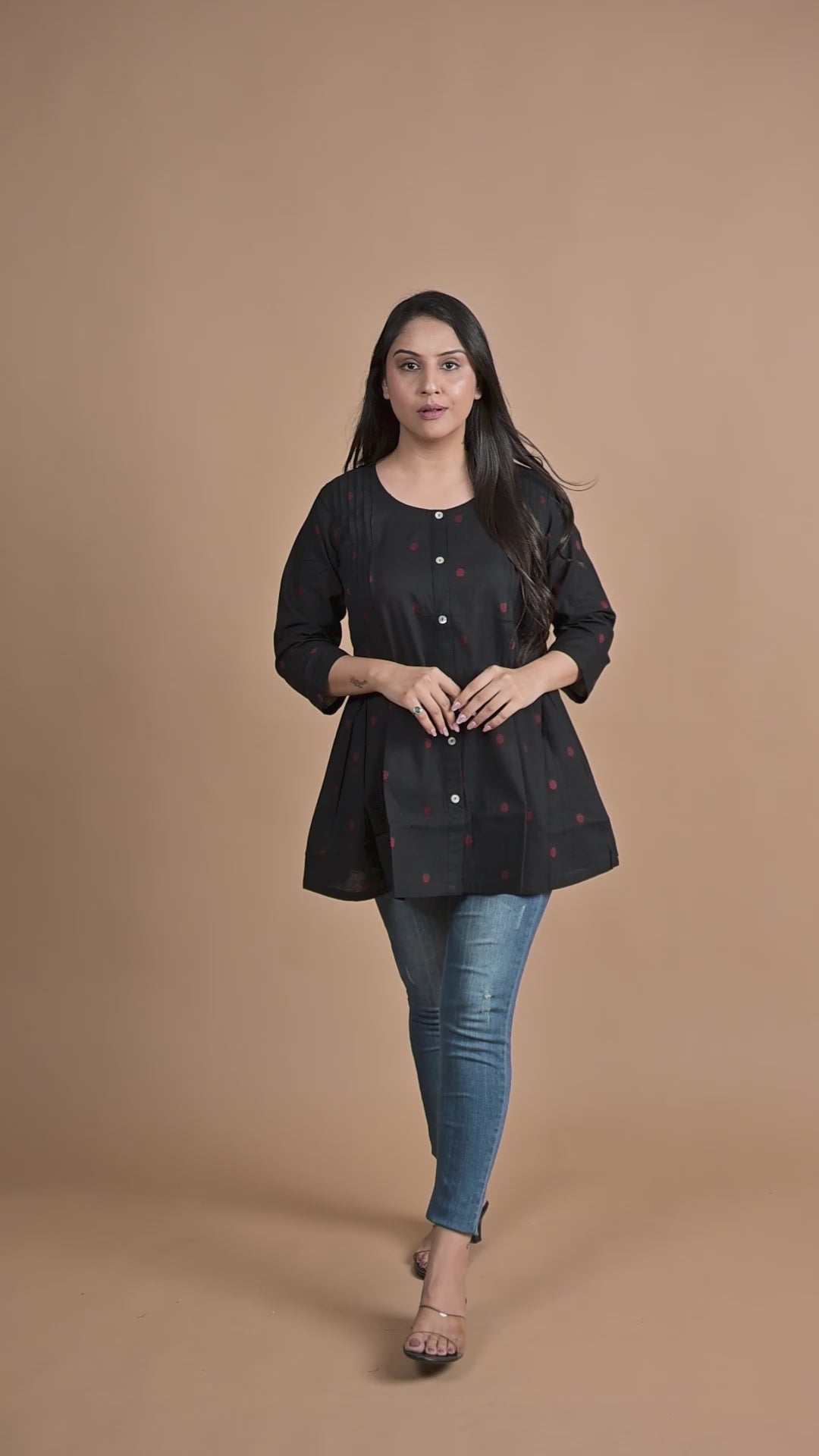 Jet Black Cotton Dobby Front Both Side Plitted Short Kurti