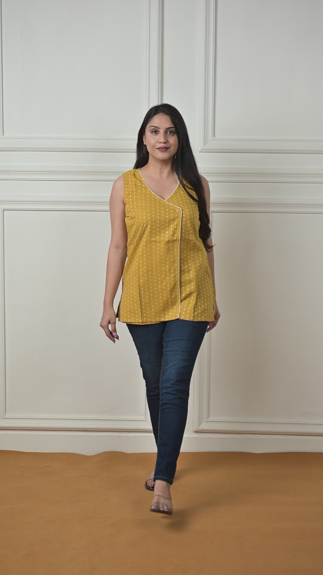 Musturd Yellow Cotton Dobby Overlap Haulter Short kurti
