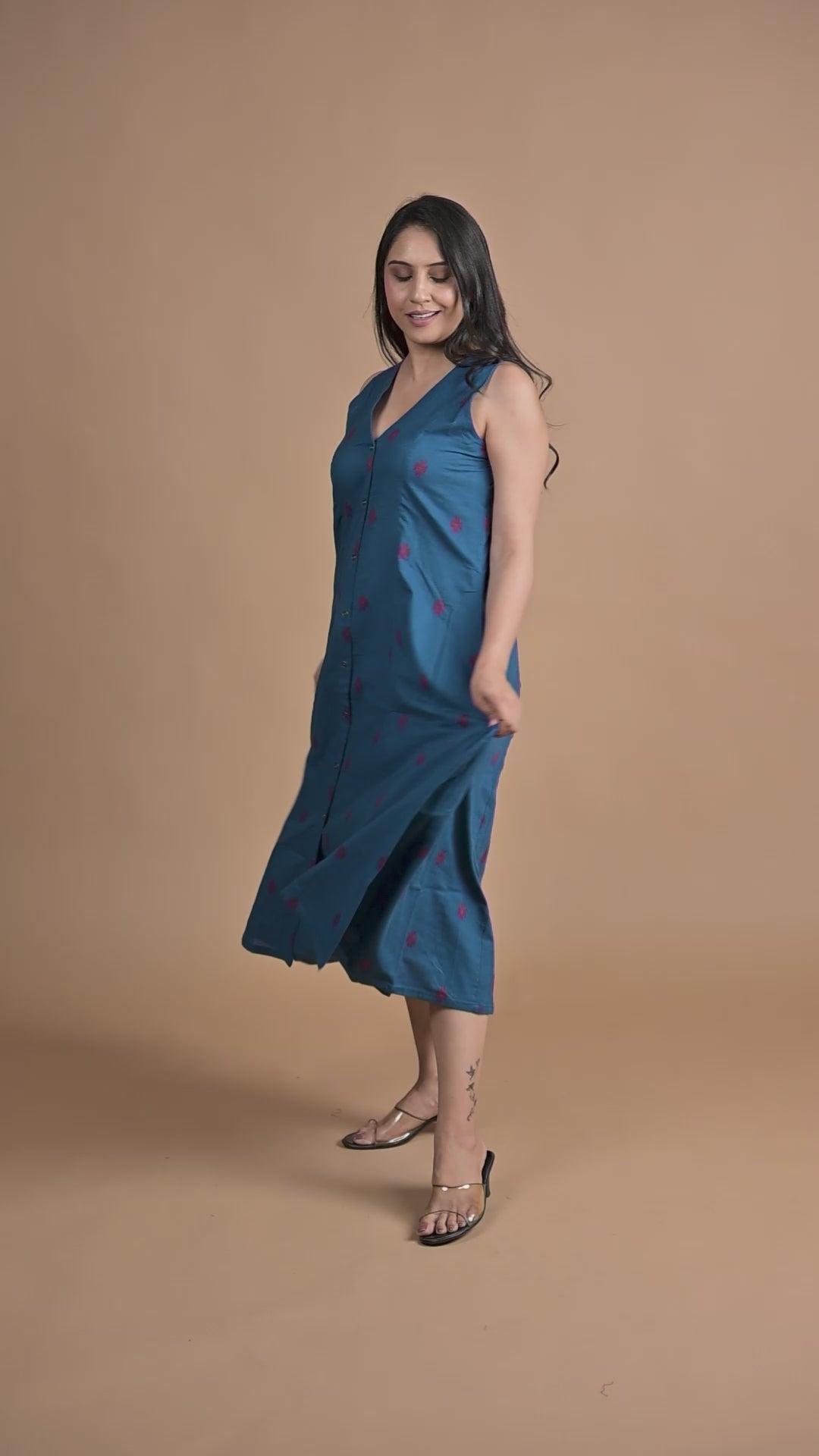 Royal Blue Cotton Dobby Haulter 6-kali Open Front A-line Dress
