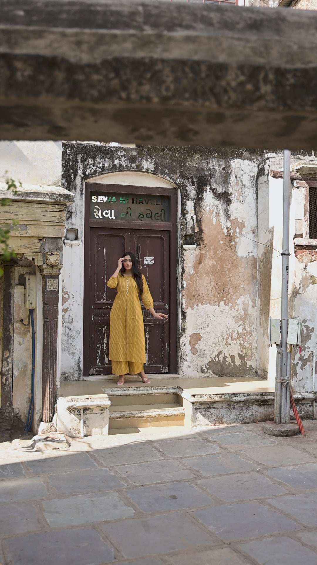 Mustard Yellow Cotton Dobby Front Box-pleat Kurti & Palazzo