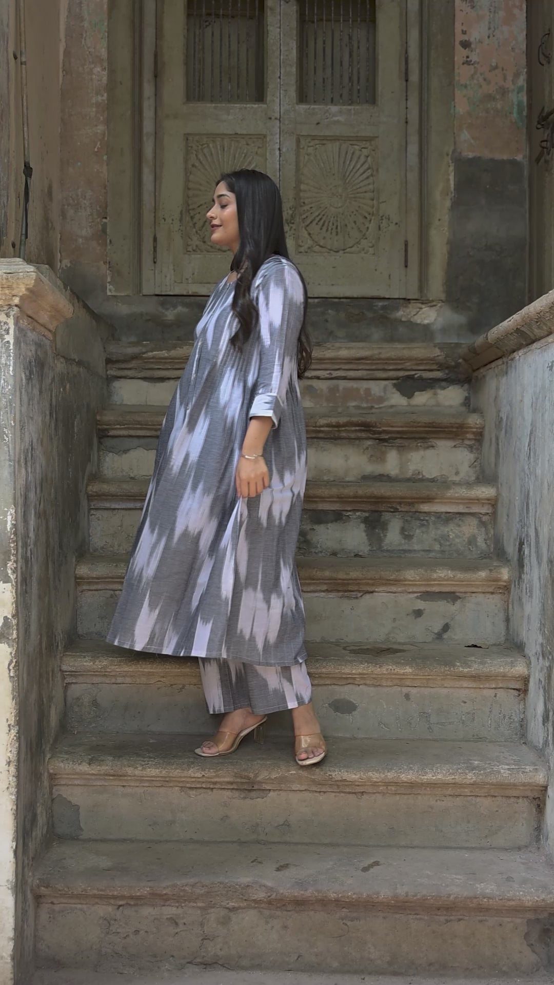 Grey White Handloom Ikkat Front Both Side Plitted A-line Kurti And Palazzo set