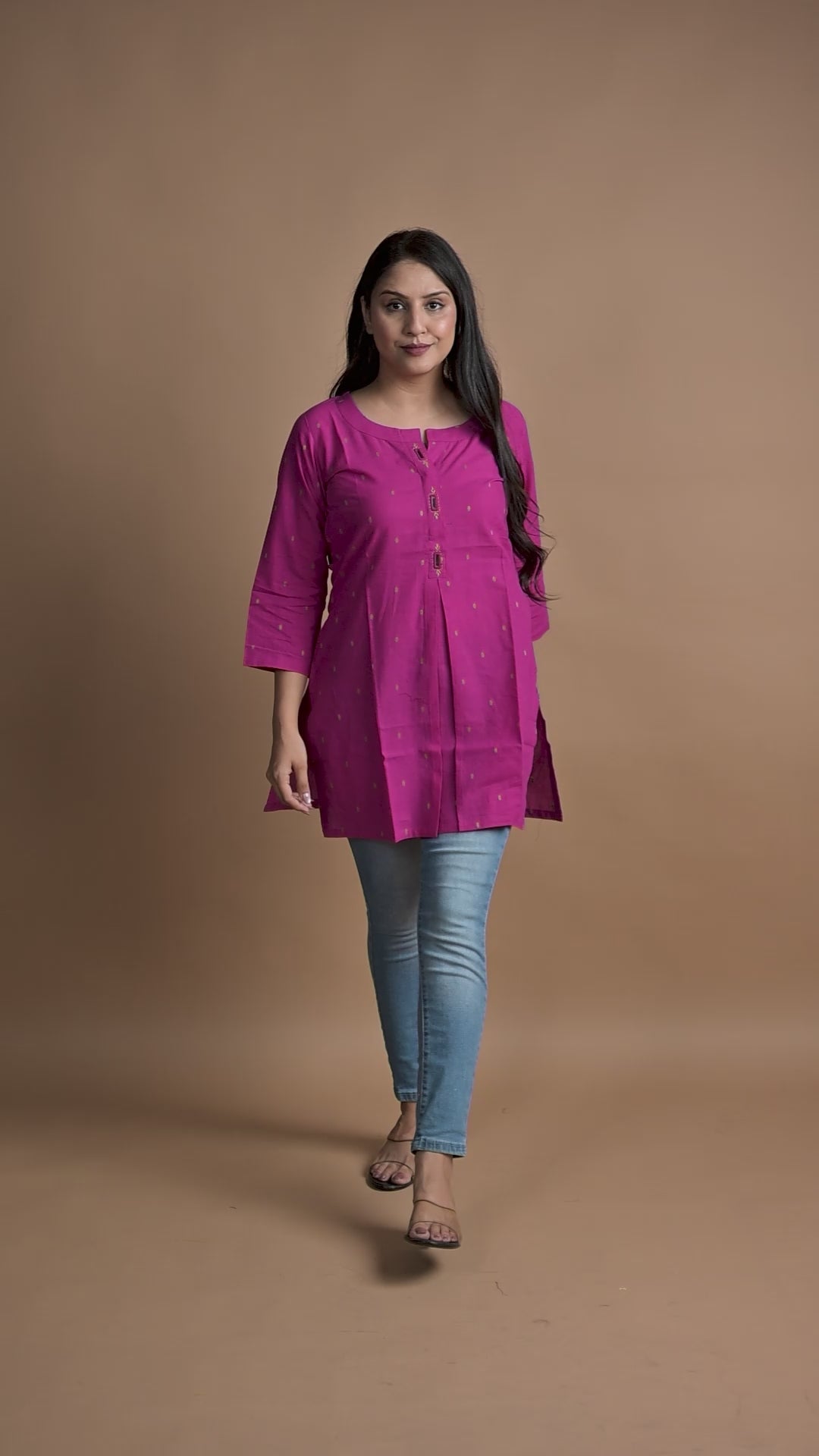 Magenta Pink Cotton Dobby  Front Box pleats Short kurti