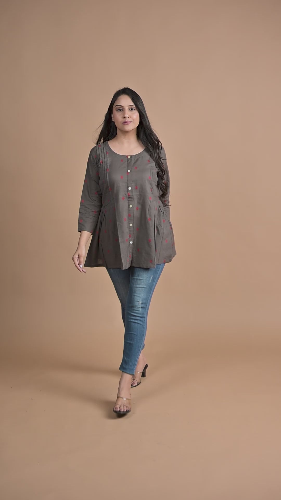 Charcoal Grey Cotton Dobby Front Both Side Plitted Short Kurti