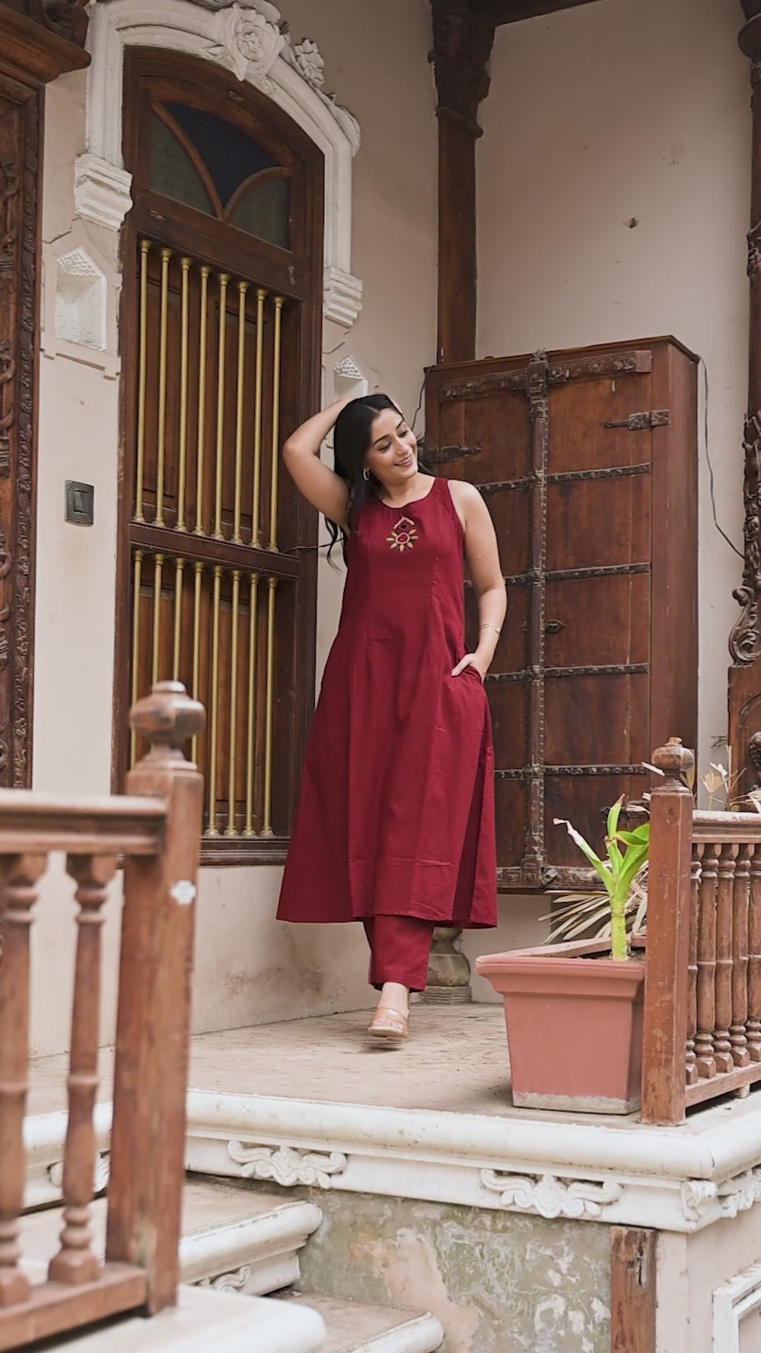 Dark Maroon Cotton Slub Halter A-Line Top And Palazzo
