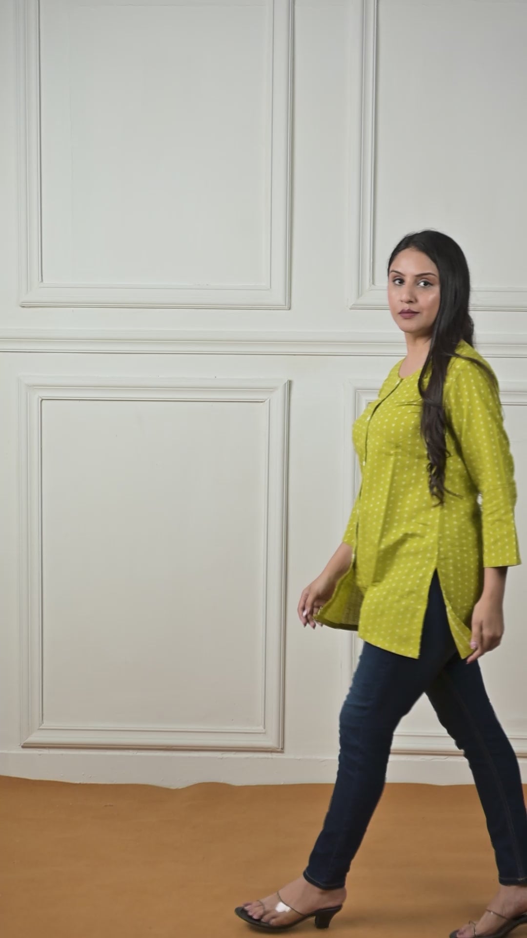 Parrot Green Cotton Dobby Open Front Short kurti