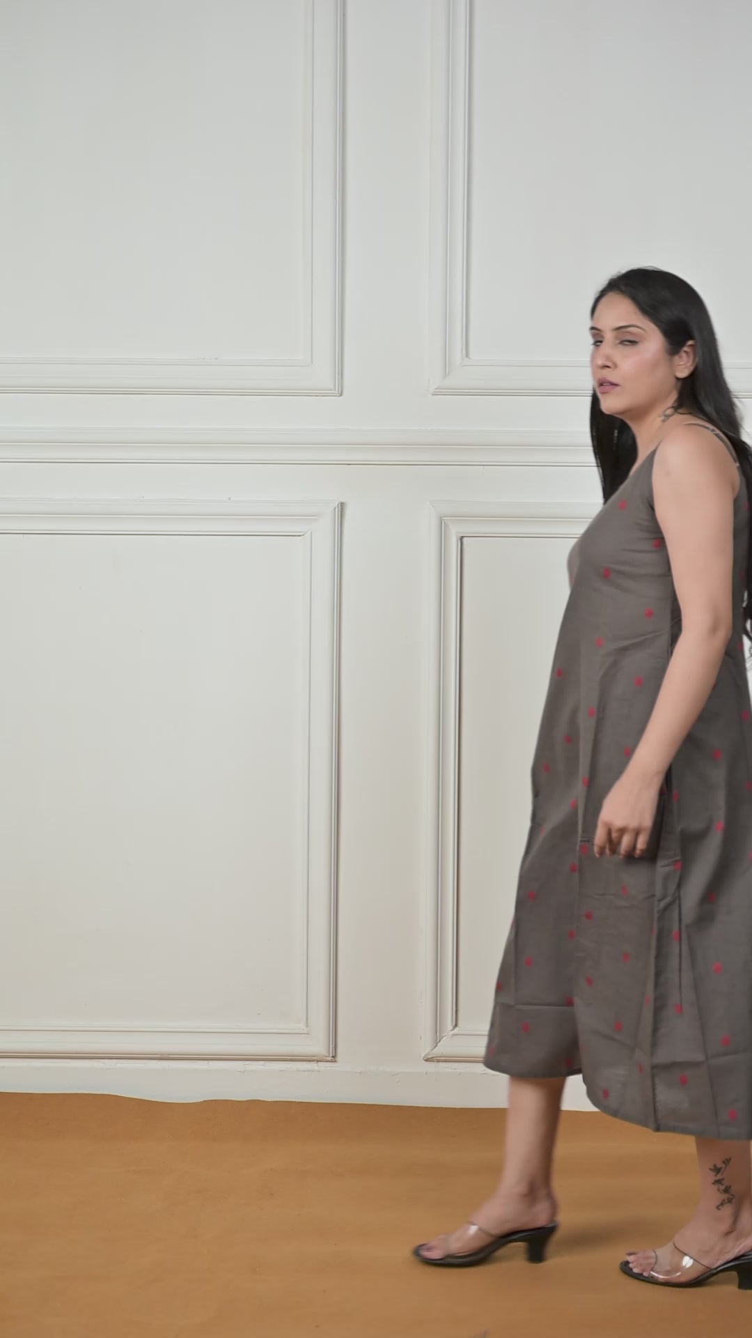 Steel Grey Cotton Dobby Spaghetti Front Slits A-line dress