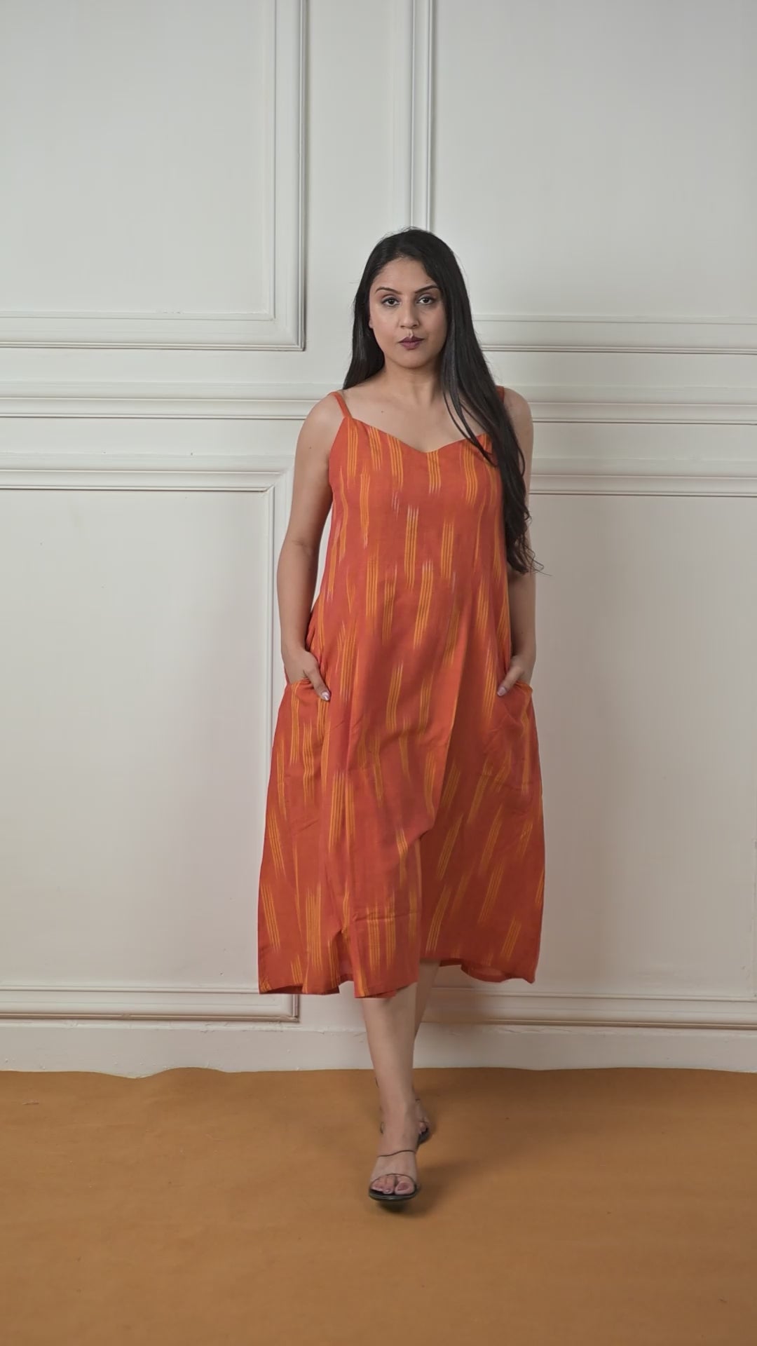 Glossy Orange Ikkat Spaghetti 6-kali A-line Dress