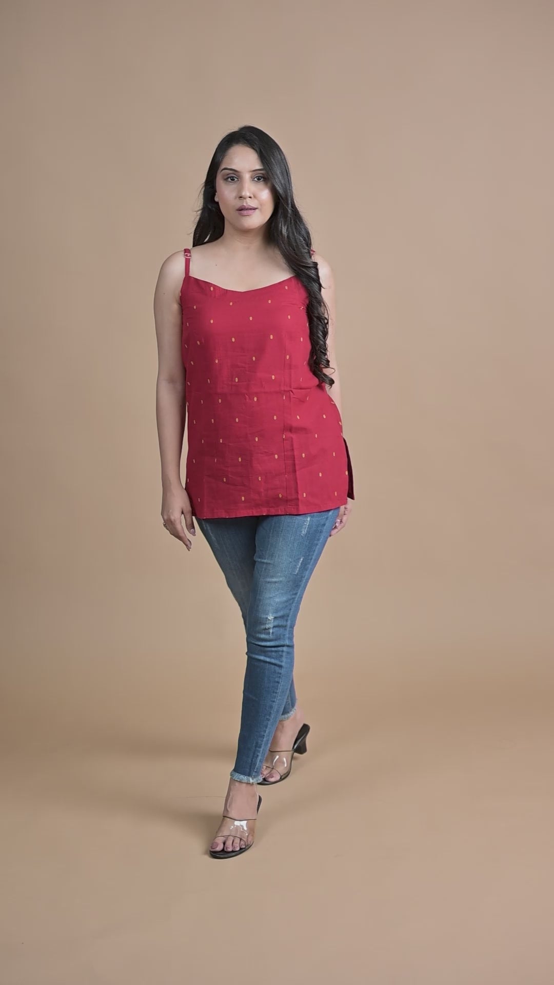 Classic Red Handloom Dobby Spaghetti Short Kurti