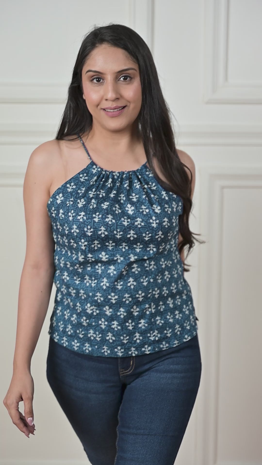 Blue Indigo Print haulter Crop top