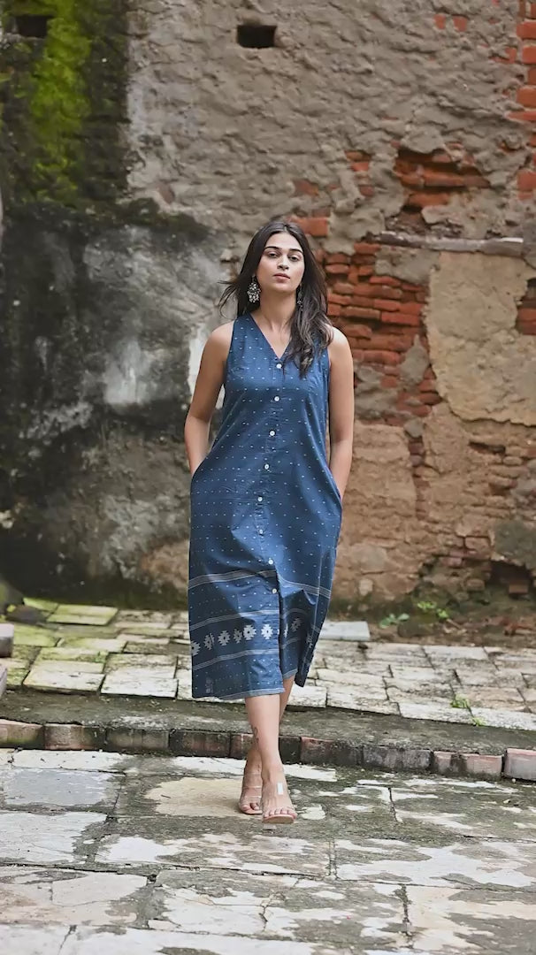 Royal Blue Cotton Dobby Halter Front-Open A-line Dress