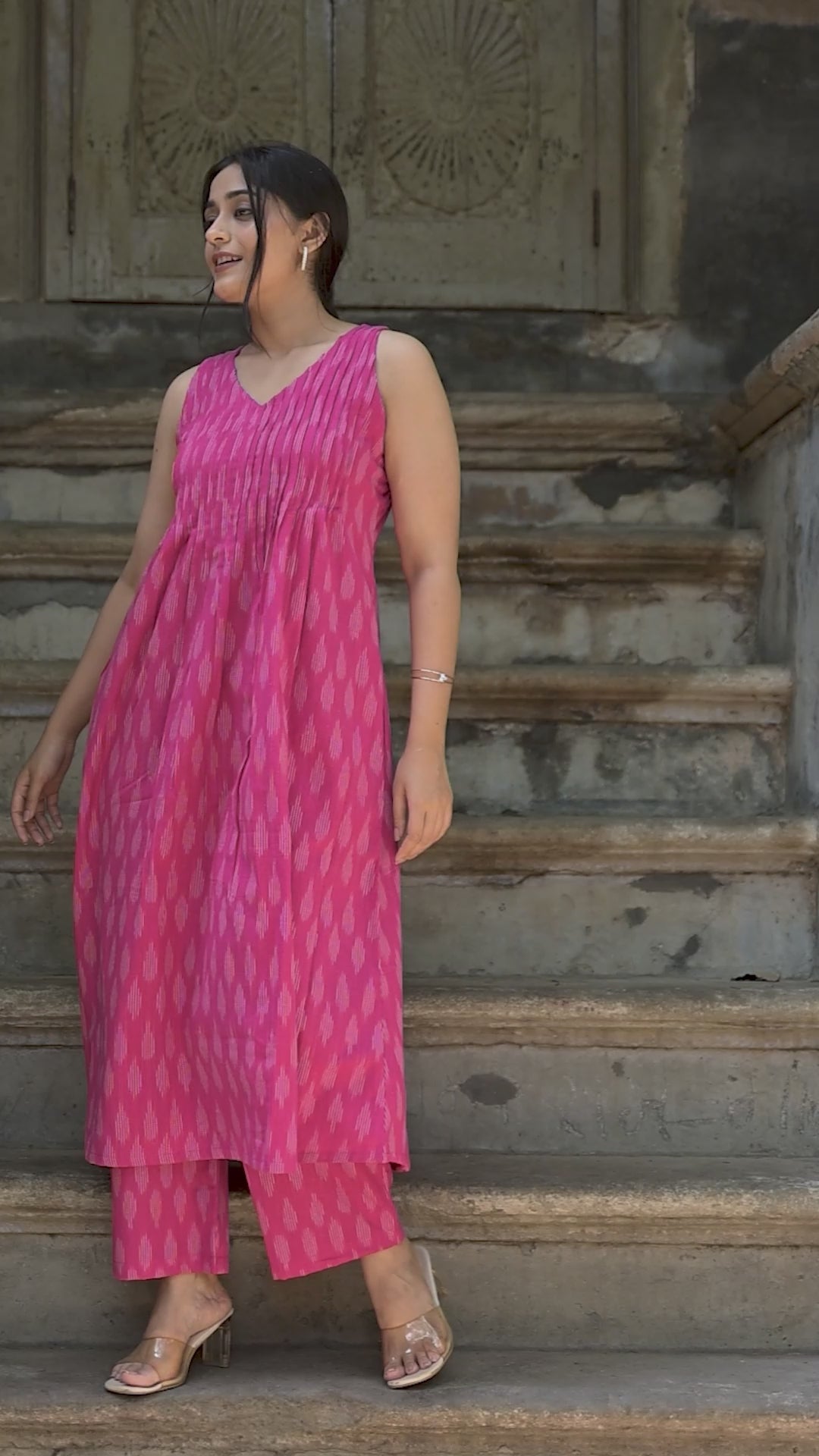 Deep Pink Cotton Dobby Haulter Front Plitted A-line Kurti and Palazzo set