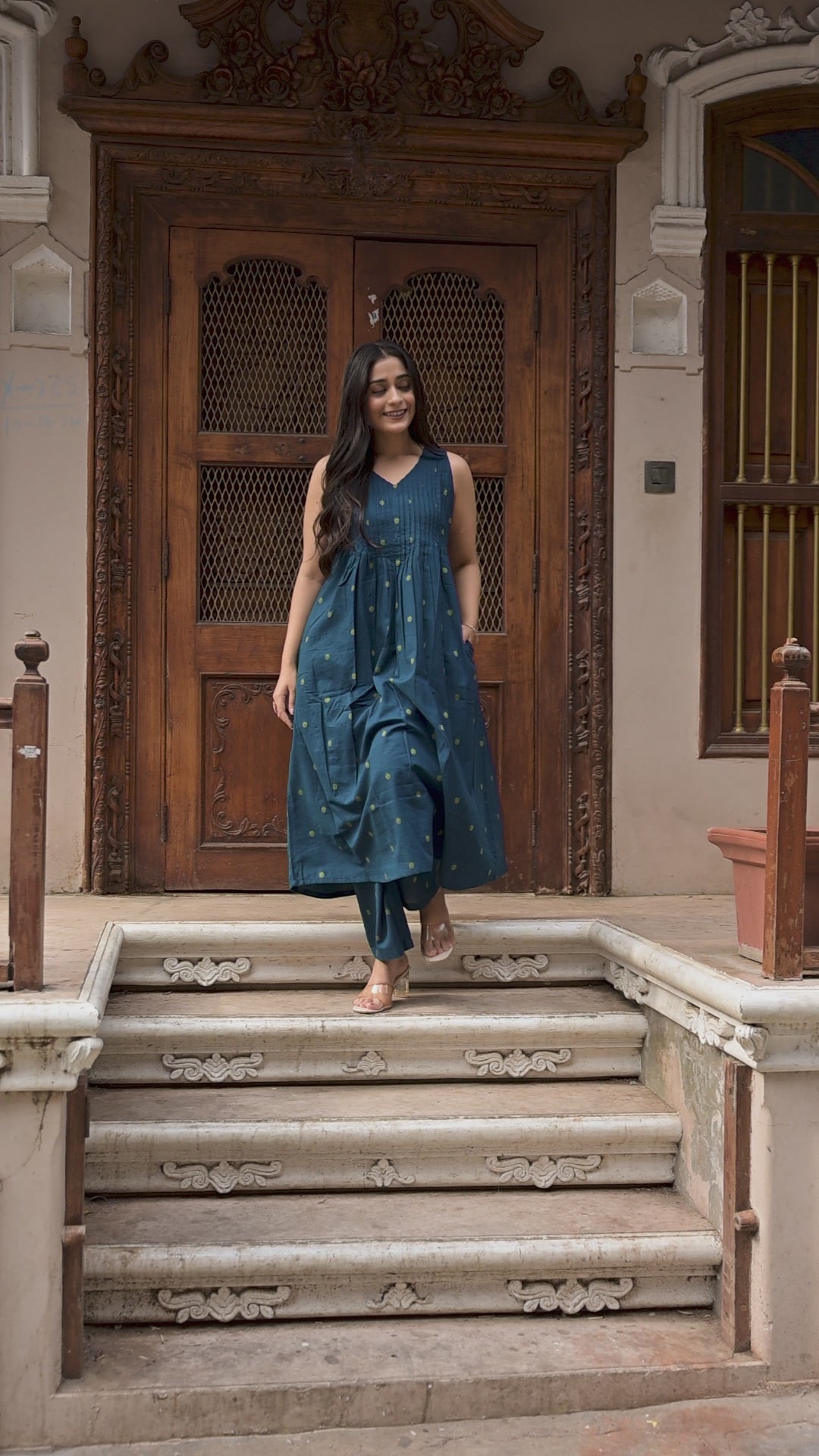 Blue/Golden Cotton Dobby Halter Front Pleated A-line Top & Palazzo