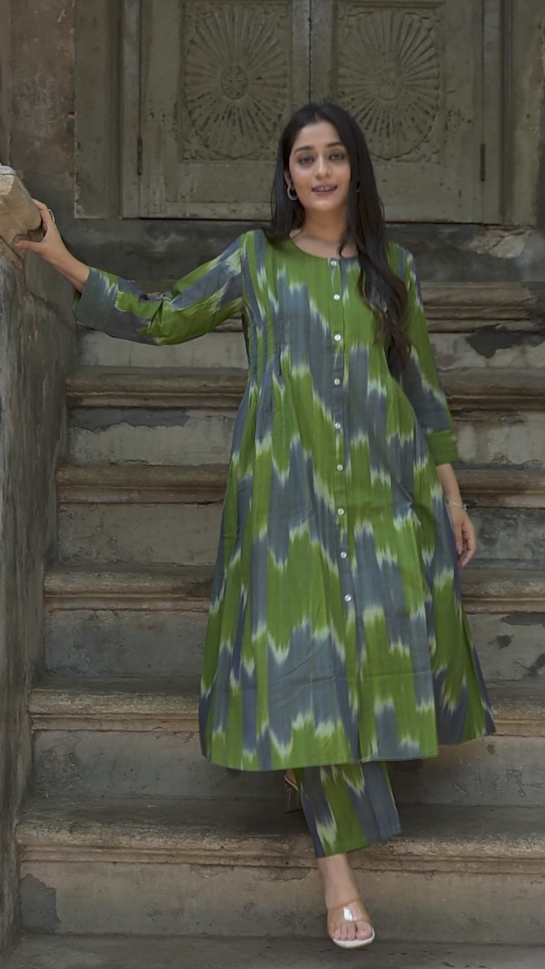 Green-grey Ikkat Front Both Side Plitted A-line Kurti And Palazzo set