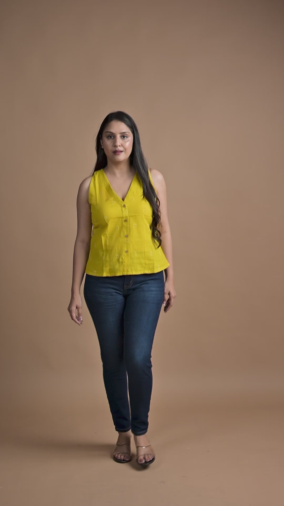 Bright yellow Cotton Dobby Front Open Haulter Crop top