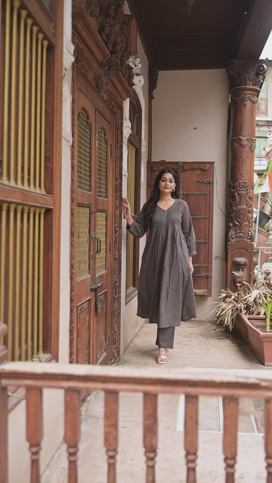 Charcol Gray Cotton Dobby Front Plitted A-line Kurti and Palazzo set