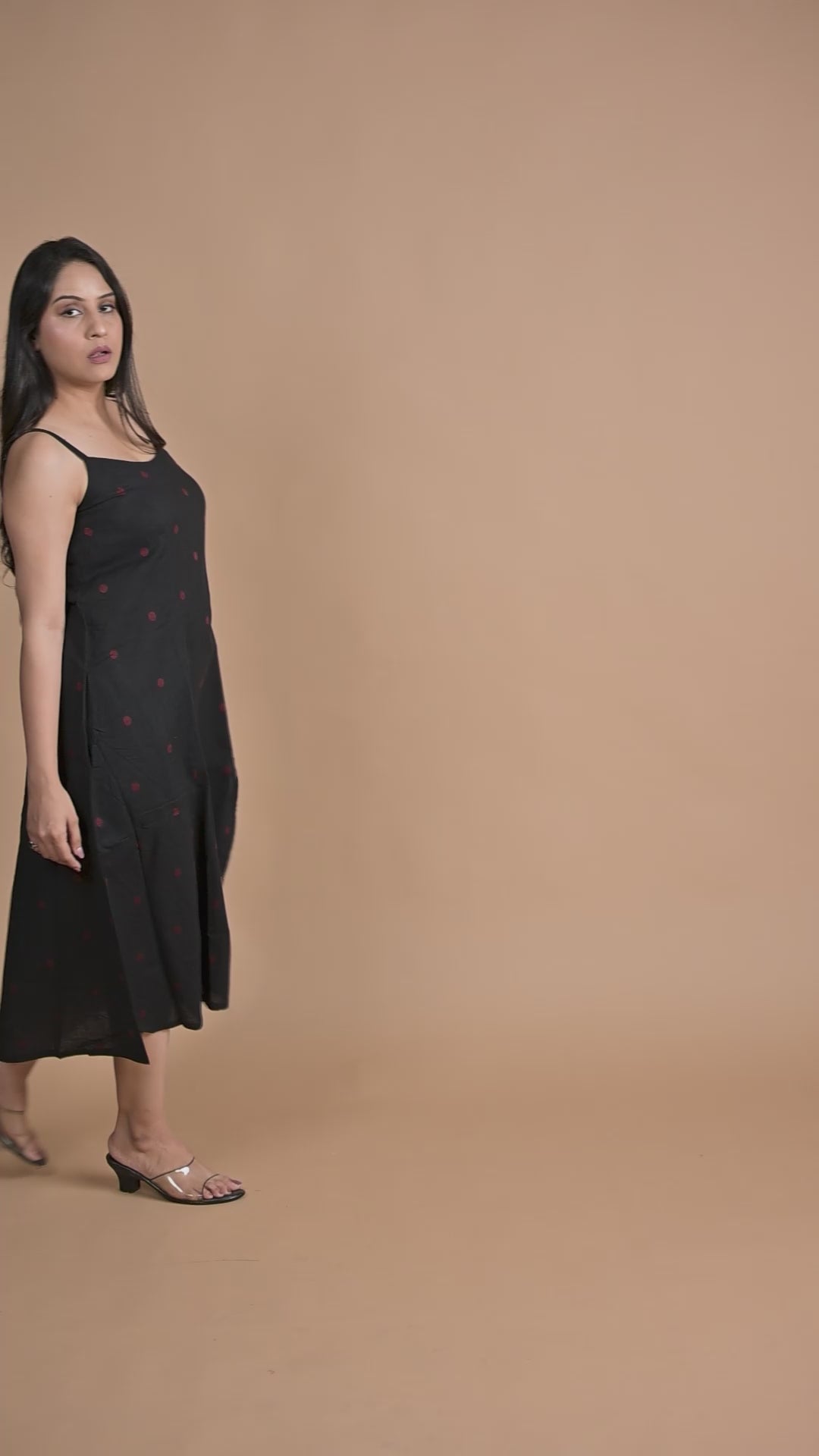 Black Cotton Dobby Spaghetti Front Slits A-line dress