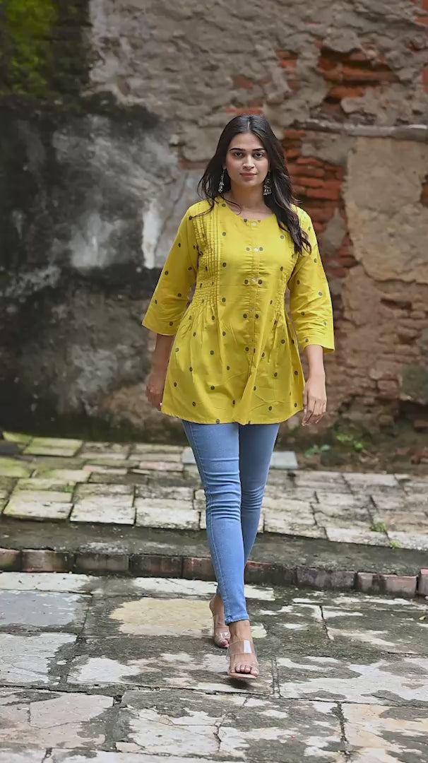 Classic Yellow Cotton Dobby Side Pleated Short Top