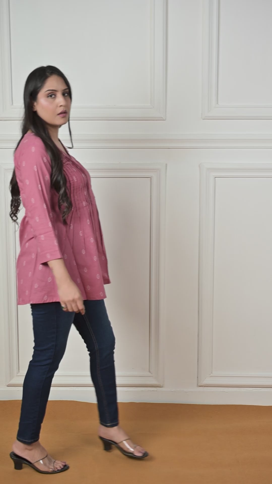 Light pink Cotton Dobby Front Plitted Short Kurti