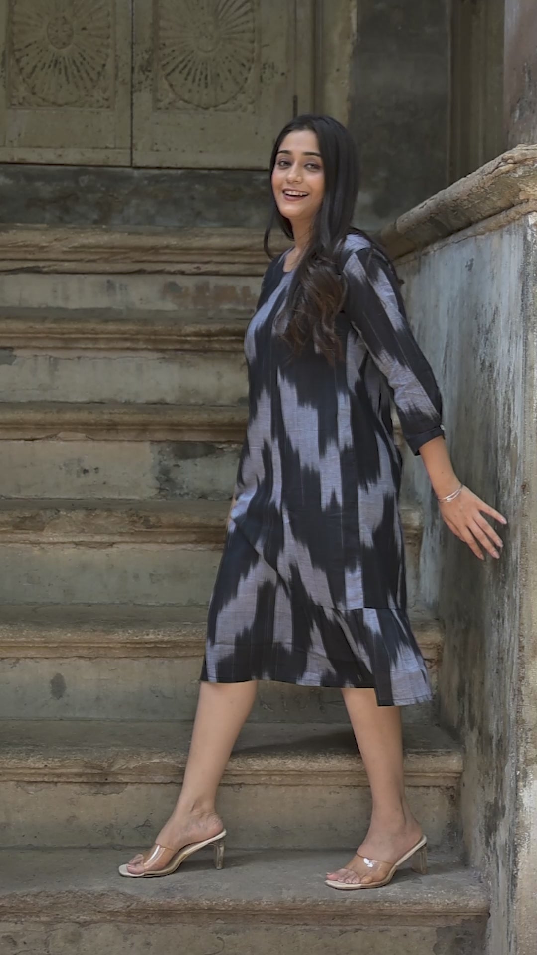Black Grey Handloom Ikkat Comfortable A-line dress