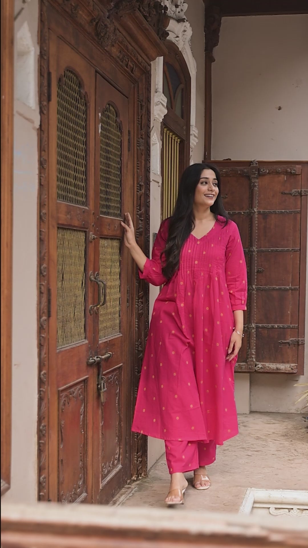 Pink Cotton Dobby Front Plitted A-line Kurti and Palazzo set