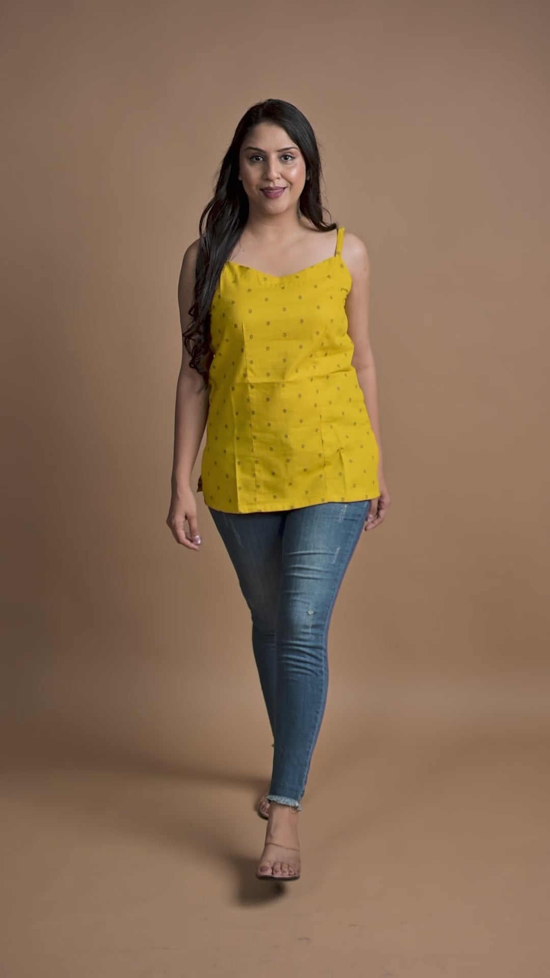 Yellow Blue Cotton Dobby butti Spaghetti Short Kurti
