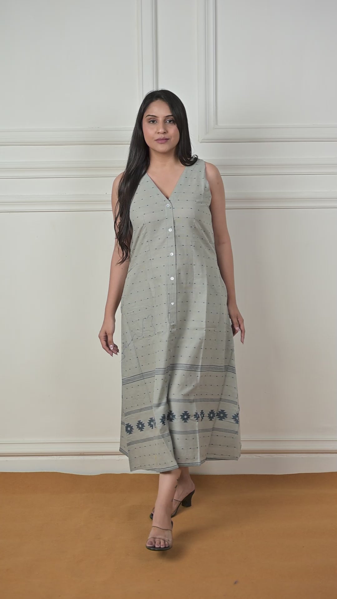 Silver Grey Cotton Dobby Haulter Open Front A-line Dress