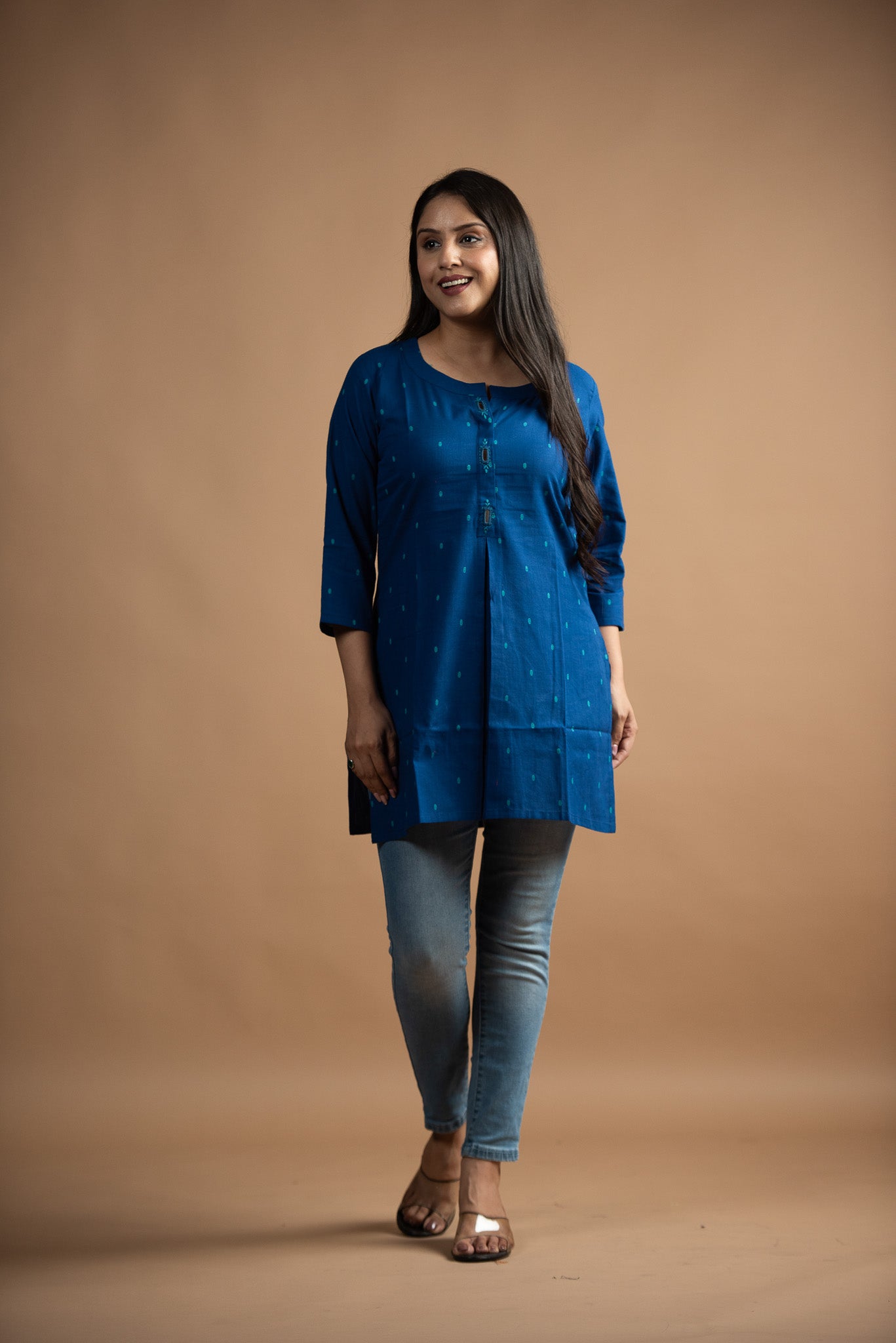 Royal Blue Cotton Dobby Front Box pleats Short kurti