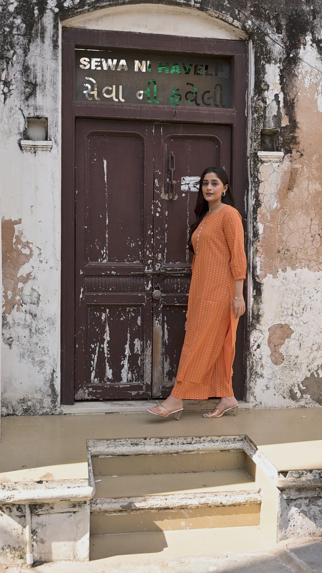 Royal Orange Cotton Dobby Front Box-pleat Kurti And Palazzo