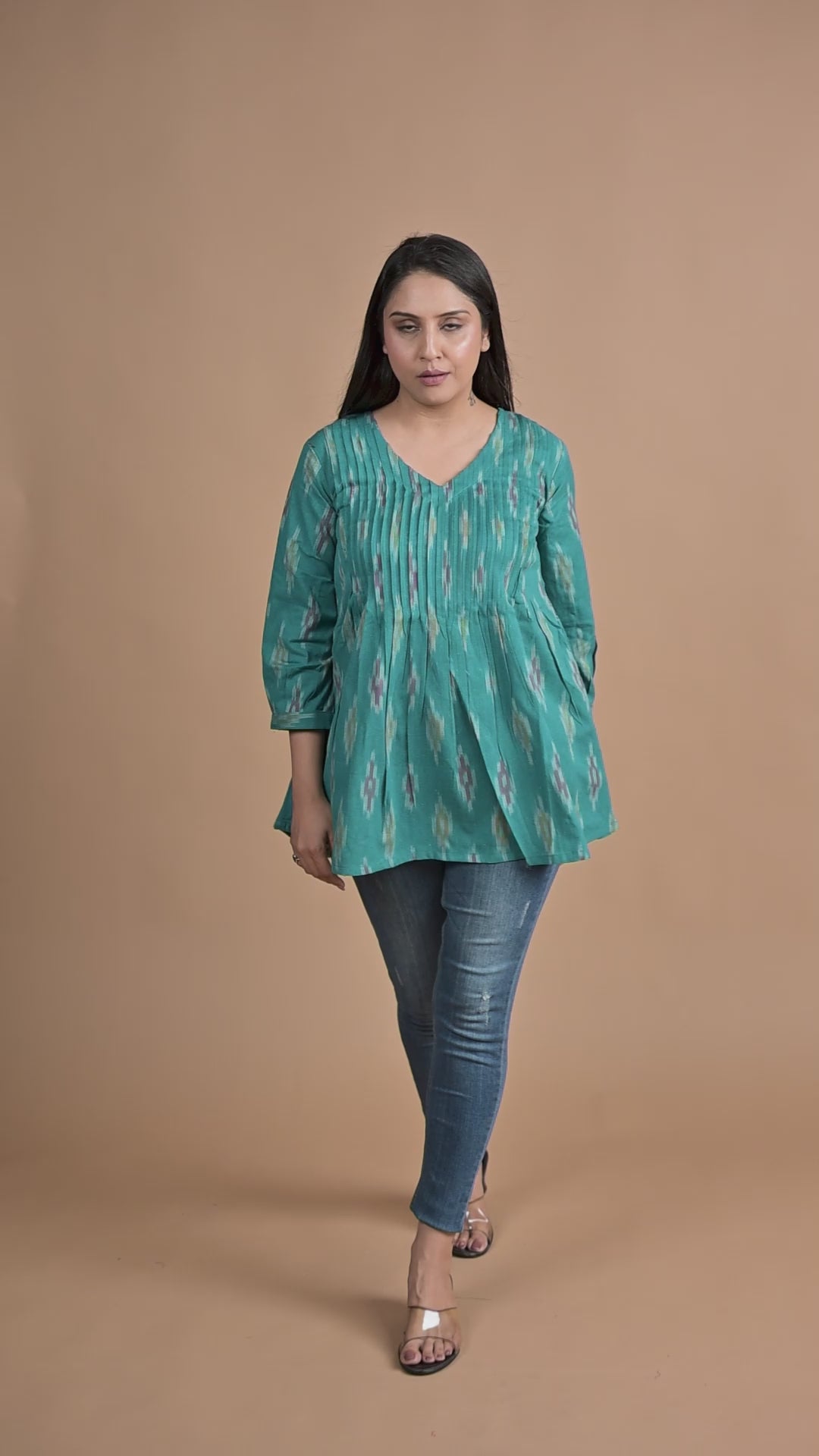 Rama blue Ikkat Front Plitted Short Kurti
