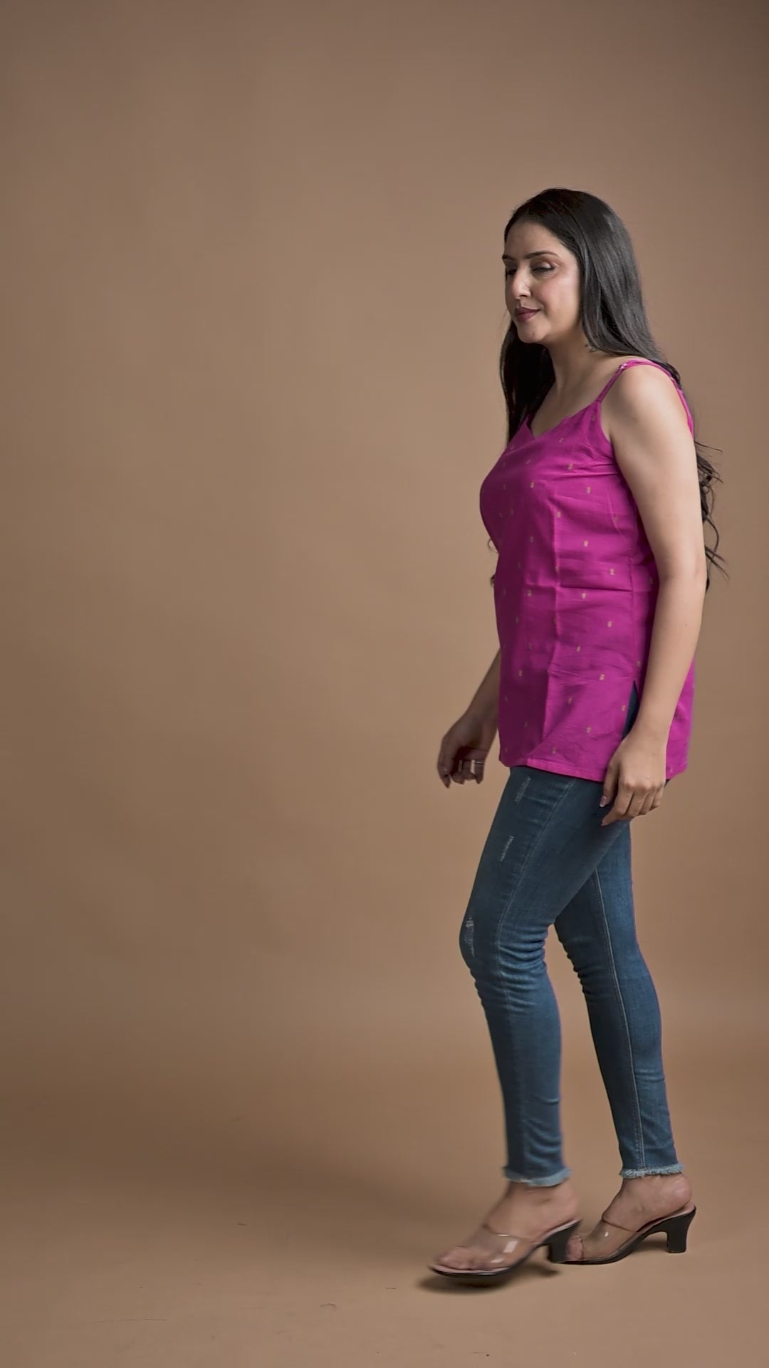 Magenta Pink Handloom Dobby Spaghetti Short Kurti